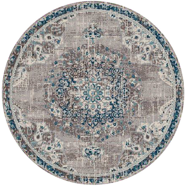HomeRoots 5' Bohemian-Inspired Teal Gray Ivory Area Rug - Durable, Stain-Resistant, and Stylish for Any Space 7' Round 531602