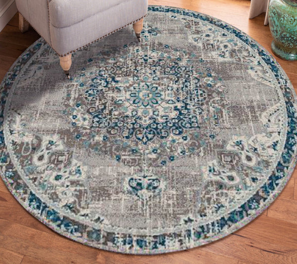 HomeRoots 5' Bohemian-Inspired Teal Gray Ivory Area Rug - Durable, Stain-Resistant, and Stylish for Any Space 7' Round 531602