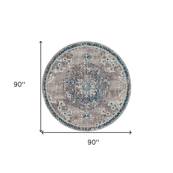 HomeRoots 5' Bohemian-Inspired Teal Gray Ivory Area Rug - Durable, Stain-Resistant, and Stylish for Any Space 7' Round 531602