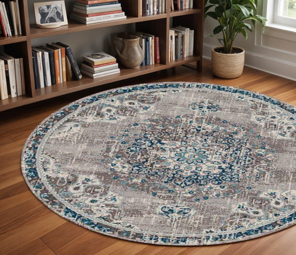 HomeRoots 5' Bohemian-Inspired Teal Gray Ivory Area Rug - Durable, Stain-Resistant, and Stylish for Any Space 7' Round 531602