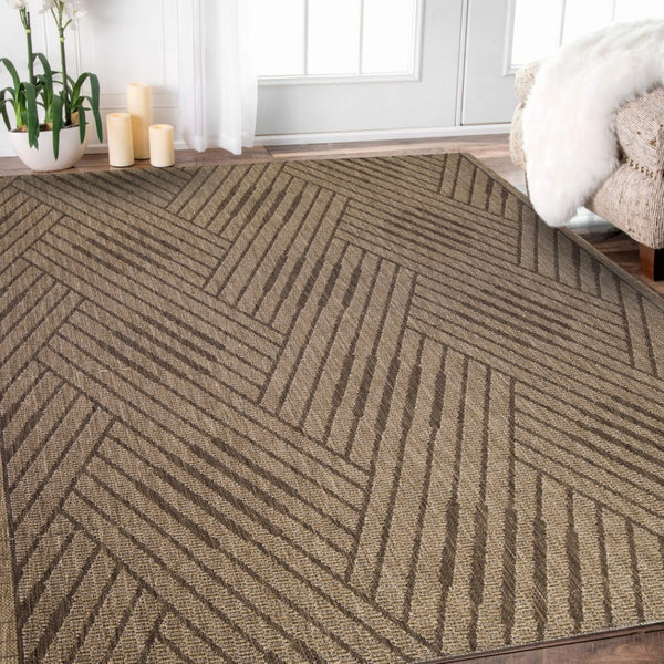 HomeRoots 8' Contemporary Gray and Blue Geometric Indoor Outdoor Area Rug – Durable, Stain-Resistant Design Beige 8' x 10' 531620