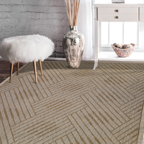 HomeRoots 8' Contemporary Gray and Blue Geometric Indoor Outdoor Area Rug – Durable, Stain-Resistant Design Champagne 6'6" x 9'10" 531631