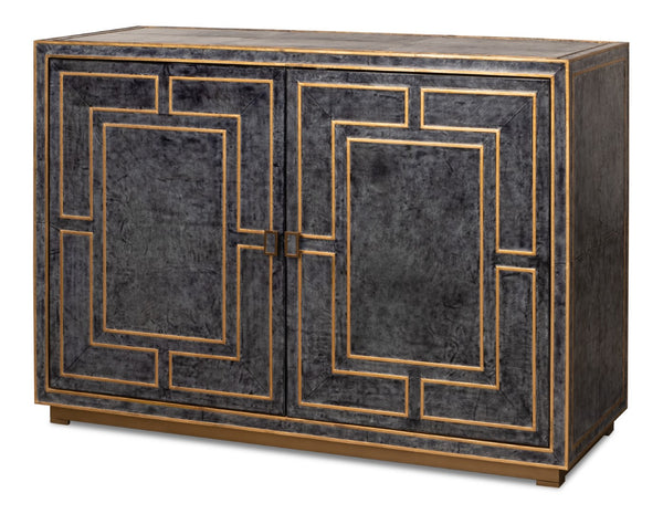 Sarreid Bel Aire Buffet - Elegant Natural Wood Finish With Blue Leather & Gold Piping For Stylish Storage Black  53164