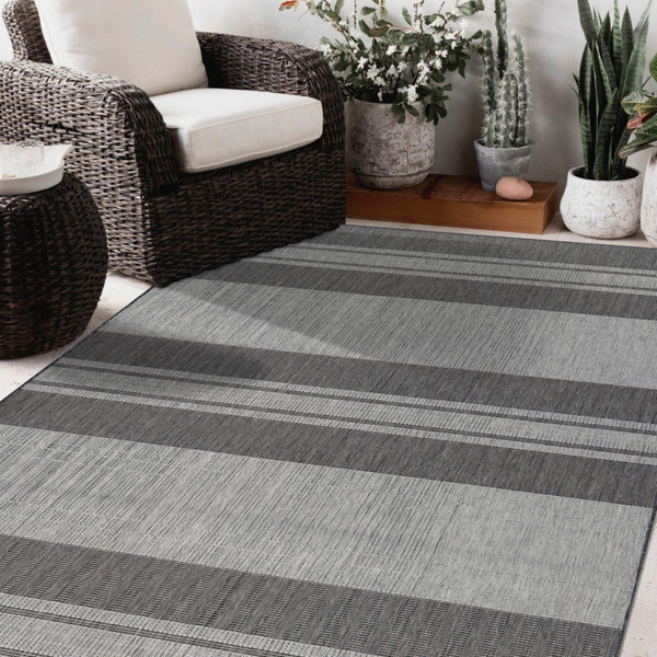 HomeRoots 8' Striped Stain Resistant Area Rug for Indoor or Outdoor Spaces – Durable, Low Maintenance Design! Silver 6'6" x 9'10" 531652