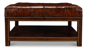 Sarreid Vintage Tufted Ottoman - Exquisite Old Brown Leather With Brass Tacks & Sturdy Hardwood Frame Black  53165