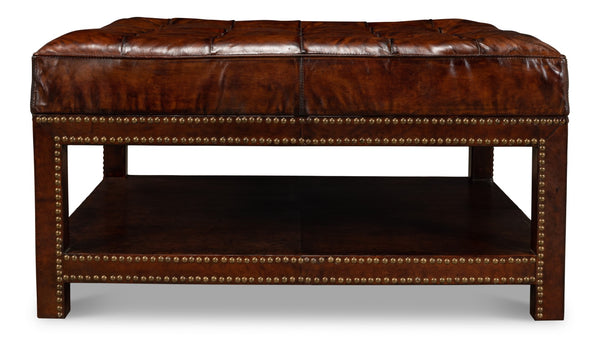 Sarreid Vintage Tufted Ottoman - Exquisite Old Brown Leather With Brass Tacks & Sturdy Hardwood Frame Black  53165