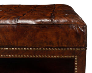 Sarreid Vintage Tufted Ottoman - Exquisite Old Brown Leather With Brass Tacks & Sturdy Hardwood Frame Black  53165