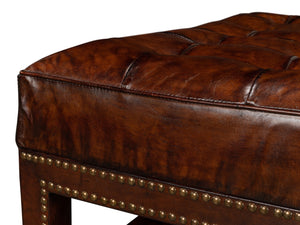 Sarreid Vintage Tufted Ottoman - Exquisite Old Brown Leather With Brass Tacks & Sturdy Hardwood Frame Black  53165