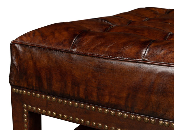Sarreid Vintage Tufted Ottoman - Exquisite Old Brown Leather With Brass Tacks & Sturdy Hardwood Frame Black  53165