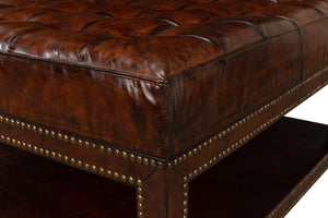 Sarreid Vintage Tufted Ottoman - Exquisite Old Brown Leather With Brass Tacks & Sturdy Hardwood Frame Black  53165