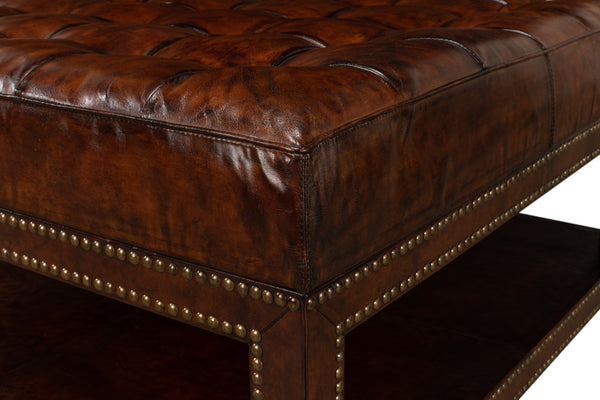 Sarreid Vintage Tufted Ottoman - Exquisite Old Brown Leather With Brass Tacks & Sturdy Hardwood Frame Black  53165