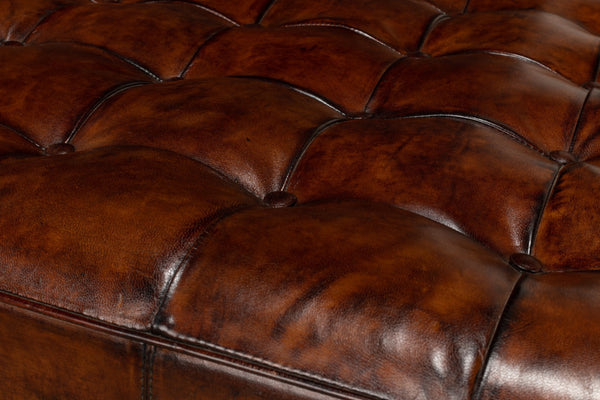 Sarreid Vintage Tufted Ottoman - Exquisite Old Brown Leather With Brass Tacks & Sturdy Hardwood Frame Black  53165