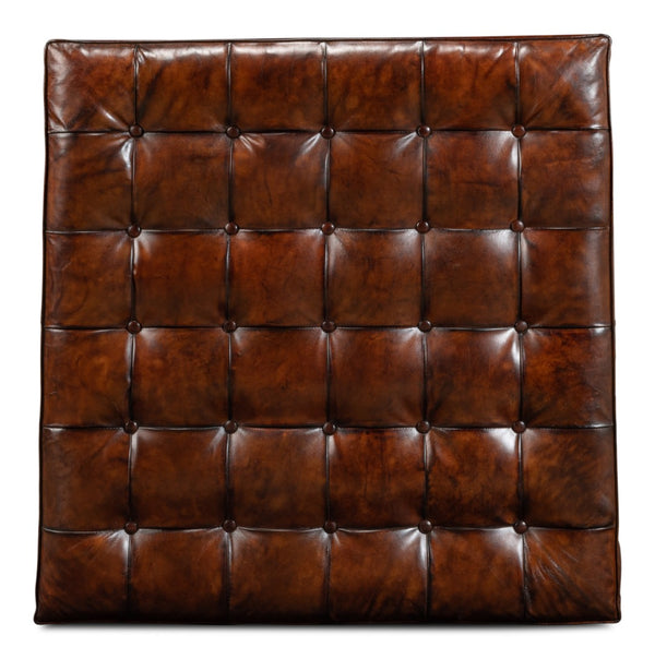 Sarreid Vintage Tufted Ottoman - Exquisite Old Brown Leather With Brass Tacks & Sturdy Hardwood Frame Black  53165