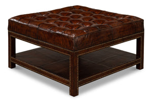 Sarreid Vintage Tufted Ottoman - Exquisite Old Brown Leather With Brass Tacks & Sturdy Hardwood Frame Black  53165