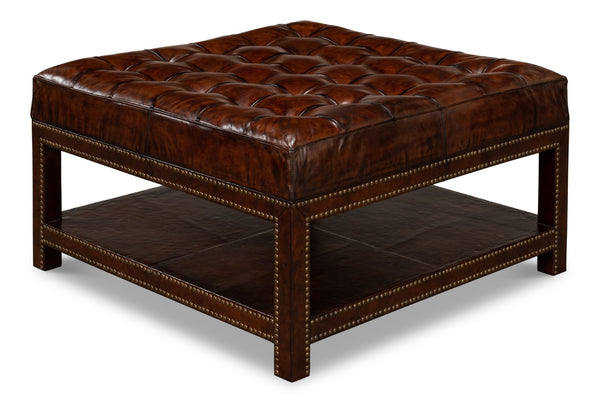 Sarreid Vintage Tufted Ottoman - Exquisite Old Brown Leather With Brass Tacks & Sturdy Hardwood Frame Black  53165
