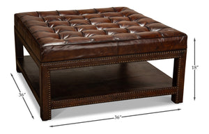Sarreid Vintage Tufted Ottoman - Exquisite Old Brown Leather With Brass Tacks & Sturdy Hardwood Frame Black  53165