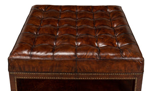 Sarreid Vintage Tufted Ottoman - Exquisite Old Brown Leather With Brass Tacks & Sturdy Hardwood Frame Black  53165