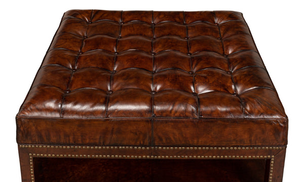 Sarreid Vintage Tufted Ottoman - Exquisite Old Brown Leather With Brass Tacks & Sturdy Hardwood Frame Black  53165