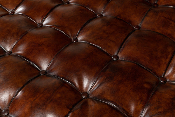 Sarreid Vintage Tufted Ottoman - Exquisite Old Brown Leather With Brass Tacks & Sturdy Hardwood Frame Black  53165
