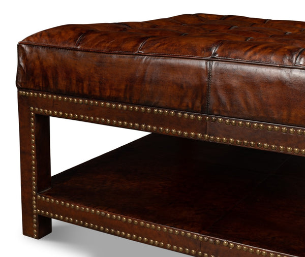Sarreid Vintage Tufted Ottoman - Exquisite Old Brown Leather With Brass Tacks & Sturdy Hardwood Frame Black  53165