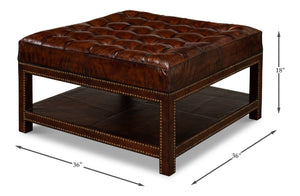 Sarreid Vintage Tufted Ottoman - Exquisite Old Brown Leather With Brass Tacks & Sturdy Hardwood Frame Black  53165
