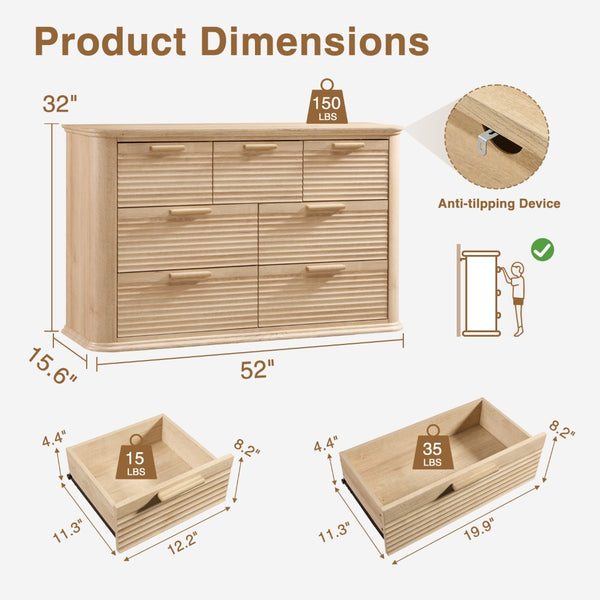 English Elm Fluted Wave Panel 7 Drawer Mdf Dresser Modern Bedroom Storage with Tv Stand Top T5326P425097