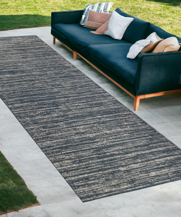 Homeroots 8' Runner Gray And Blue Striped Stain Resistant Indoor Outdoor Runner Rug Blue Polypropylene 531664