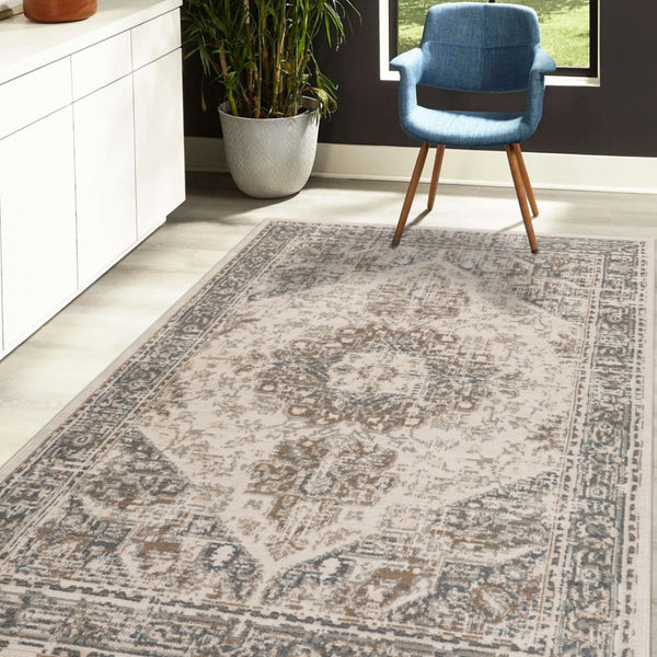 HomeRoots 10' Elegant Gray and Beige Medallion Area Rug – Durable, Stain-Resistant Design for Family Homes 6' X 9' 531694