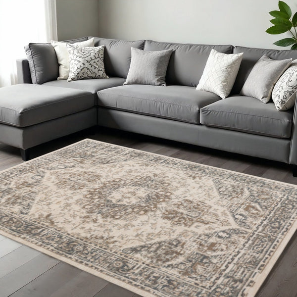 HomeRoots 10' Elegant Gray and Beige Medallion Area Rug – Durable, Stain-Resistant Design for Family Homes 8' X 10' 531695