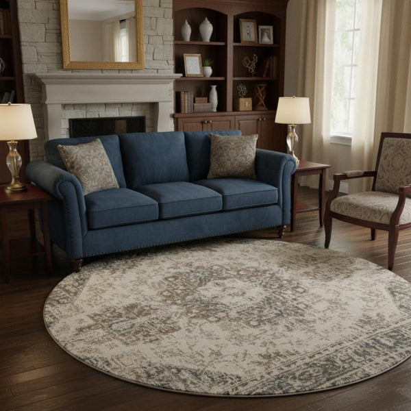 HomeRoots 10' Elegant Gray and Beige Medallion Area Rug – Durable, Stain-Resistant Design for Family Homes 8' Round 531696