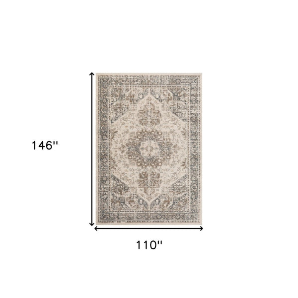 HomeRoots 10' Elegant Gray and Beige Medallion Area Rug – Durable, Stain-Resistant Design for Family Homes 9' X 12' 531697