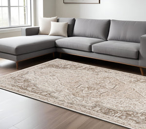 HomeRoots 10' Cream and Brown Medallion Area Rug - Durable, Elegant Design for High-Traffic Living Spaces 10' X 14' 531698