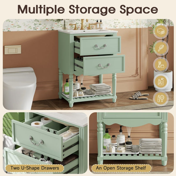 English Elm 24'' Vintage Bathroom Vanity with Ceramic Sink Soft Close Drawers Open Shelf Green N710P411237F