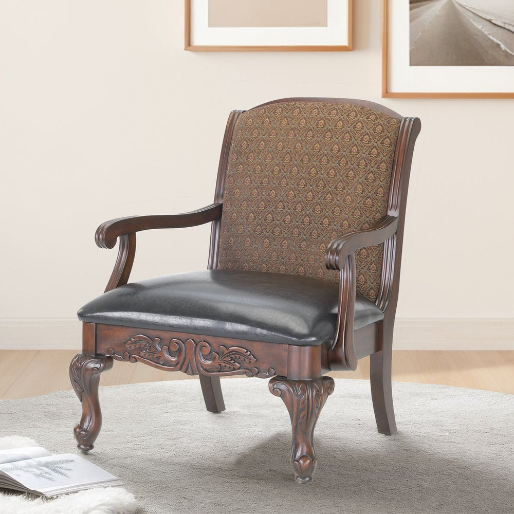English Elm Lucille Ornate Arm Chair in Brown Wood & Deep Green Jacquard Fabric — Solid Birch, Hand-Carved Elegance B050P229950