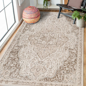 HomeRoots 10' Cream and Brown Medallion Area Rug - Durable, Elegant Design for High-Traffic Living Spaces 9' X 12' 531705