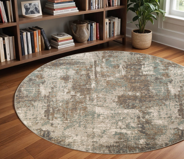 HomeRoots 10' Contemporary Abstract Area Rug in Ivory, Brown, and Green - Stain-Resistant for Family Spaces 8' Round 531712