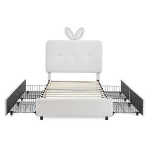 English Elm Twin Kids Boucle Upholstered Bed Rabbit Ear Headboard Led Lighting Four Storage Drawers Beige W1413P384921