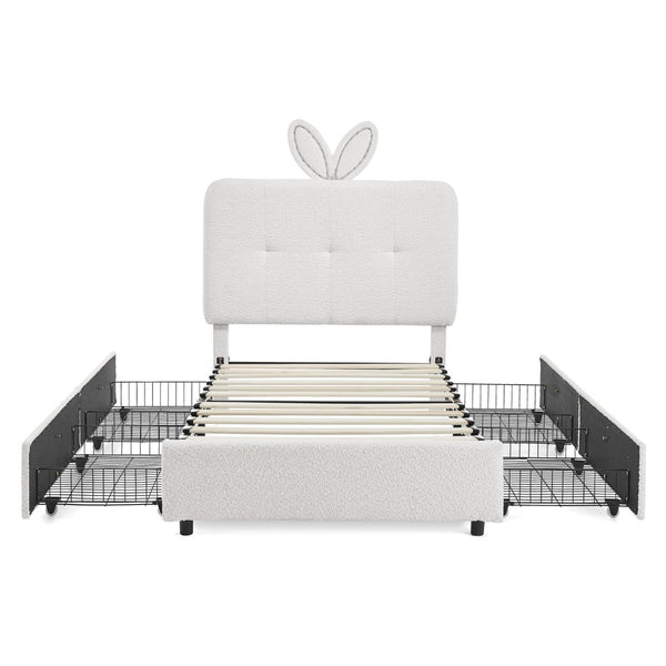 English Elm Twin Kids Boucle Upholstered Bed Rabbit Ear Headboard Led Lighting Four Storage Drawers Beige W1413P384921