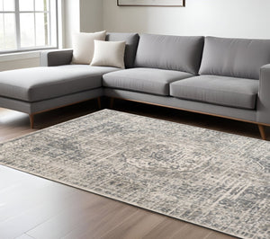 HomeRoots 10' Gray and Ivory Medallion Area Rug - Durable, Stain-Resistant Design for Stylish Living Spaces 6' X 9' 531726