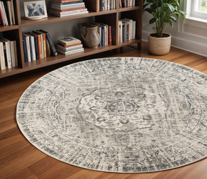 HomeRoots 10' Gray and Ivory Medallion Area Rug - Durable, Stain-Resistant Design for Stylish Living Spaces 8' Round 531728