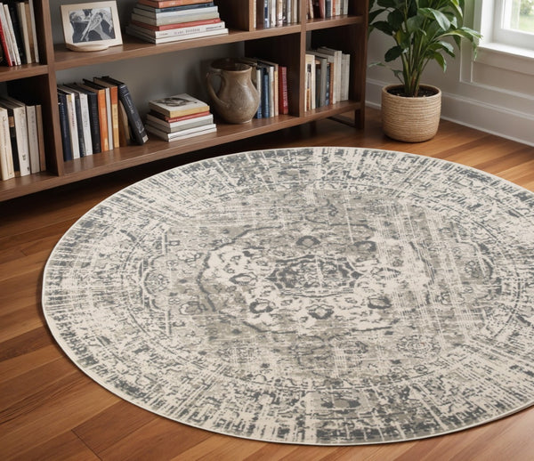 HomeRoots 10' Gray and Ivory Medallion Area Rug - Durable, Stain-Resistant Design for Stylish Living Spaces 8' Round 531728