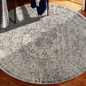 HomeRoots 10' Gray and Ivory Medallion Area Rug - Durable, Stain-Resistant Design for Stylish Living Spaces 8' Round 531728