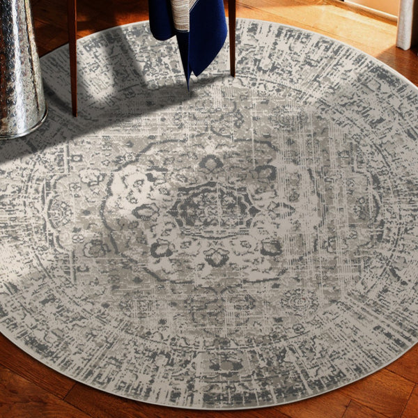 HomeRoots 10' Gray and Ivory Medallion Area Rug - Durable, Stain-Resistant Design for Stylish Living Spaces 8' Round 531728