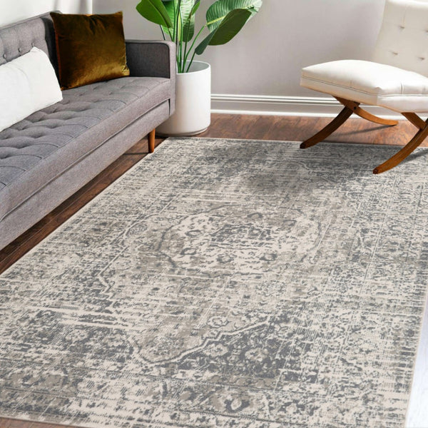 HomeRoots 10' Gray and Ivory Medallion Area Rug - Durable, Stain-Resistant Design for Stylish Living Spaces 9' X 12' 531729