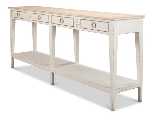Sarreid Provincial Hall Table - Solid Pine With Antiqued White Finish & Elegant Cast Iron Teardrop Pulls White  53172