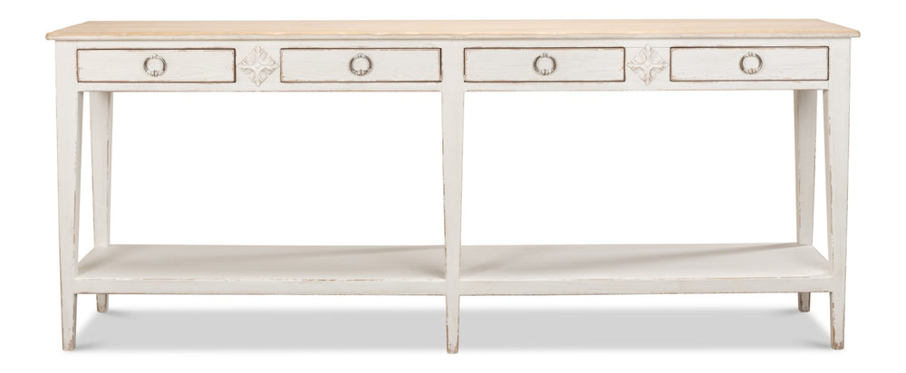 Sarreid Provincial Hall Table - Solid Pine With Antiqued White Finish & Elegant Cast Iron Teardrop Pulls White  53172