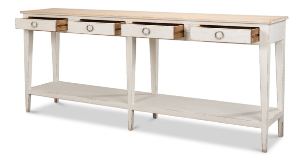 Sarreid Provincial Hall Table - Solid Pine With Antiqued White Finish & Elegant Cast Iron Teardrop Pulls White  53172