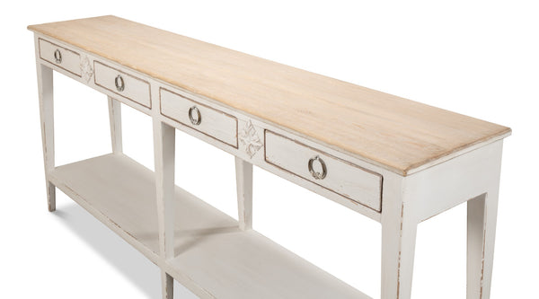 Sarreid Provincial Hall Table - Solid Pine With Antiqued White Finish & Elegant Cast Iron Teardrop Pulls White  53172