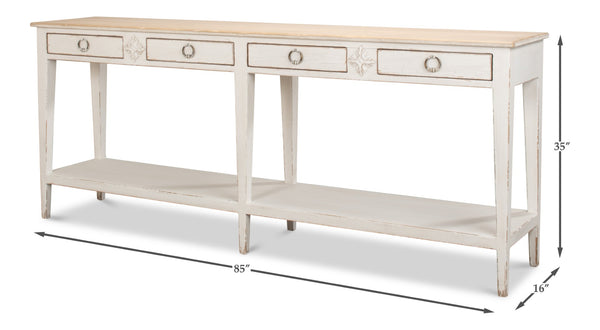 Sarreid Provincial Hall Table - Solid Pine With Antiqued White Finish & Elegant Cast Iron Teardrop Pulls White  53172