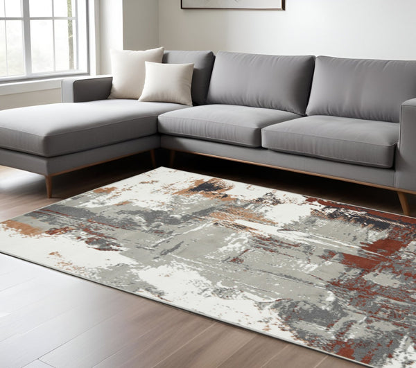 HomeRoots 10' Contemporary Abstract Area Rug in Ivory, Gray, and Rust - Durable, Stain-Resistant Design for Home 10' X 14' 531730